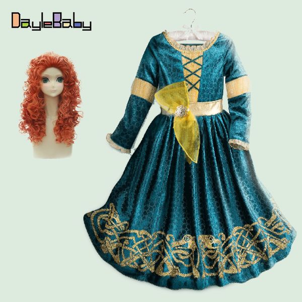 

fancy brave merida princess dress cosplay warm costume for kids girls halloween dress up costume merida wig cloak party supplies y200226, Red;yellow