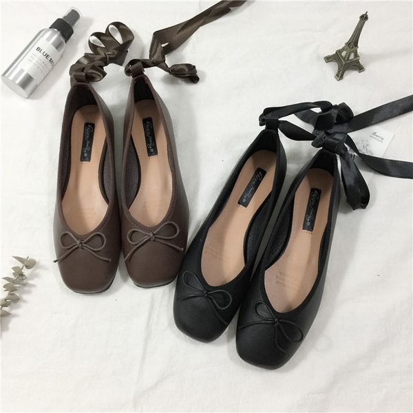 

bow-knot square toe shallow mouth ballerinas woman 2019 women's leather shoes comfort casual female sneakers flats butterfly, Black