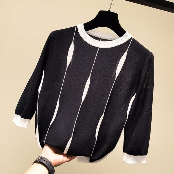 

patchwork striped knitted sweater women slim thin korean half sleeve modis pullover 2019 autumn o-neck sweaters, White;black
