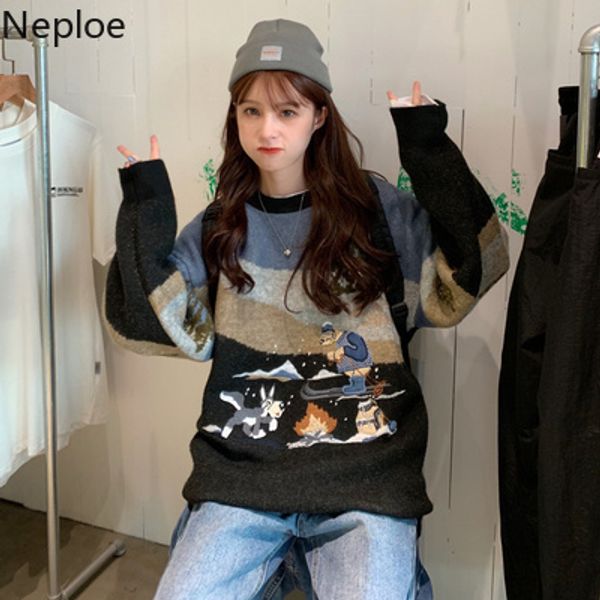 

neploe новые зимние свитера женщины контрастного цвета мультфильм вышивка вязаные пуловеры 2019 новый корейский моды топы перемычка 55297, White;black