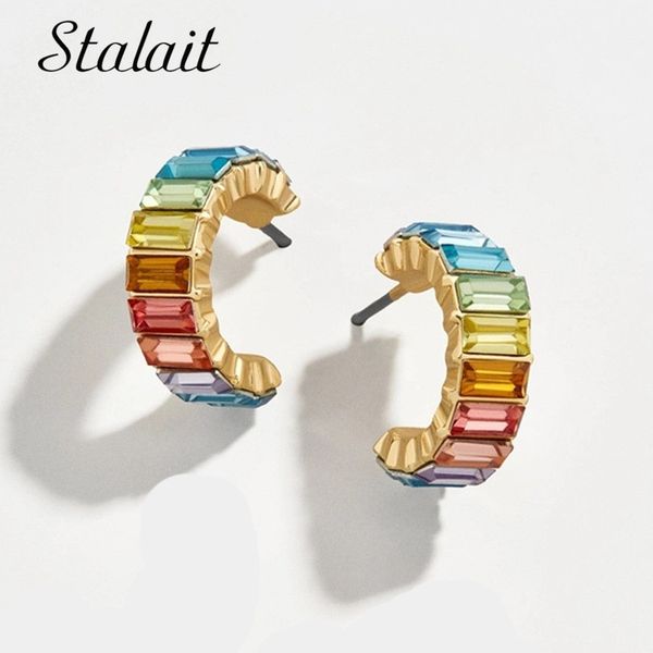 

square multi crystal rainbow earrings c-shape colorful half circle gold hoop earrings for women jewelry accessories, Golden;silver
