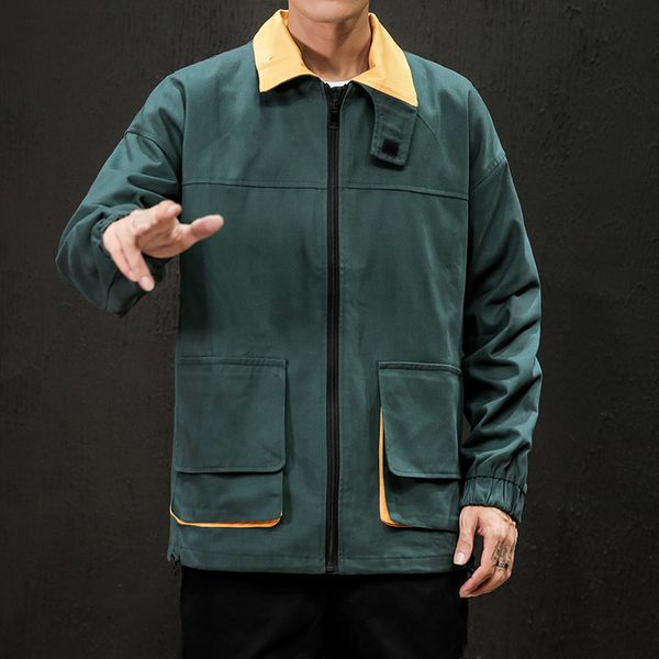 

green solid laple big pockets fashion windbreaker autumn zipper oversize men fashion black loose casual streetwear soft jackets, Black;brown