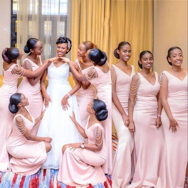 

new african baby pink mermaid bridesmaid dresses v neck pearls zipper back split floor length plus size wedding guest maid of honor gowns, White;pink