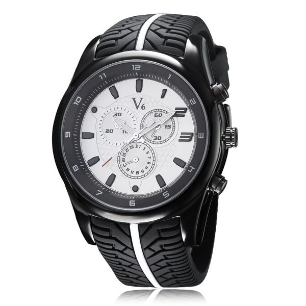 

2019 new men black quartz wrist watch rubber tyre pattern watchband white clock dial fashion leisure time wrist watch large dial, Slivery;brown