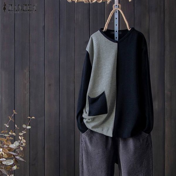 

zanzea women v neck blouse vintage patchwork shirts autumn long sleeve color block tunic femininas blusas plus size mujer, White