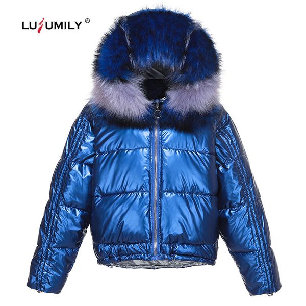 

lusumily fashion women glossy silver down jackets big colorful fur collar hooded coat and jacket warm womens winter short parkas, Black