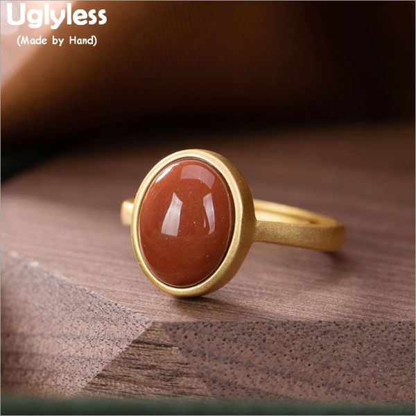

uglyless simple gold plated 925 sterling silver rings for women natural agate gemstones oval rings size fine jewelry r1010, Golden;silver