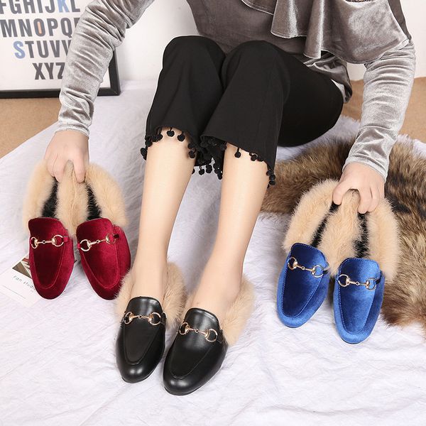 

women casual half shoes autumn loafers winter women warm cotton slippers girls warm plus velvet leather plush shoes, Black