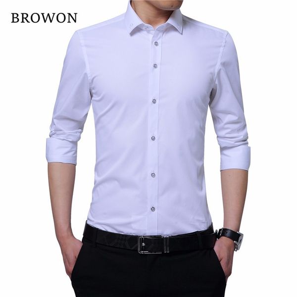

browon business shirt men smart casual shirt embroidered collar long sleeve solid color men formal camisa masculina, White;black