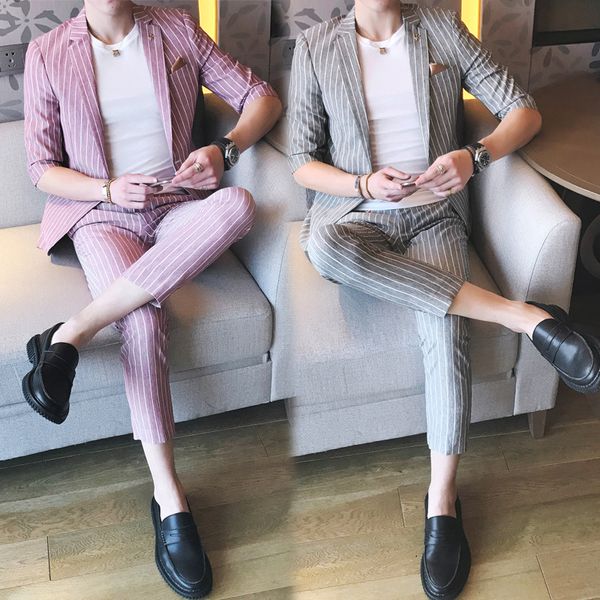 

британской slim мужской полосы в середине рукав костюм с обрезанными брюками два кусок костюма летней тонкими большим, White;black