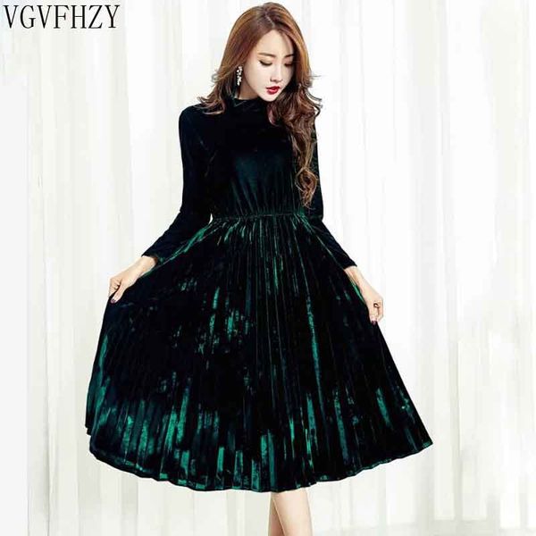 

new velvet dresses for women 2019 spring autumn vintage turtleneck long sleeved black green pleated velour party dresses ly1345, Black;gray