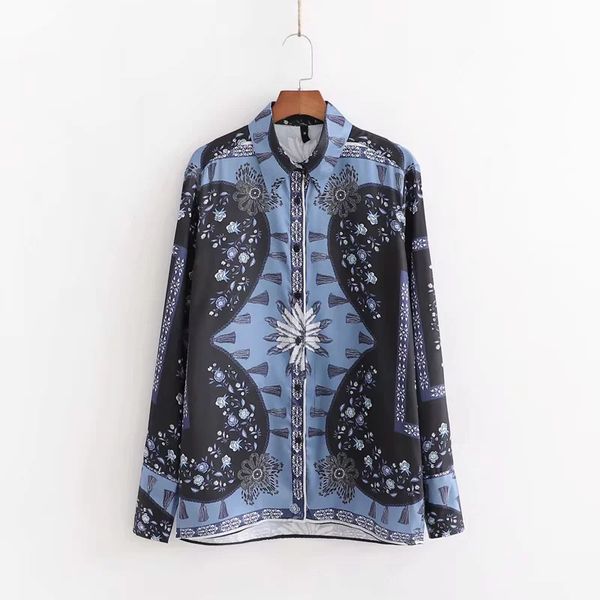 

vintage placement print women long sleeve satin shirt 2019 autumn leisure lady turn-down collar blouse loose s6532, White