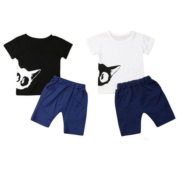 

summer kids baby boys clothes sets 1-4y cartoon print t-shirt +shorts outfits clothes casual sunsuit, White