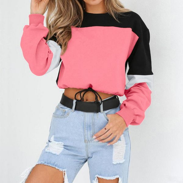

autumn women hoodies long sleeve loose crop sweatshirt casual patchwork o neck elastic waist pullovers streetwear, Black