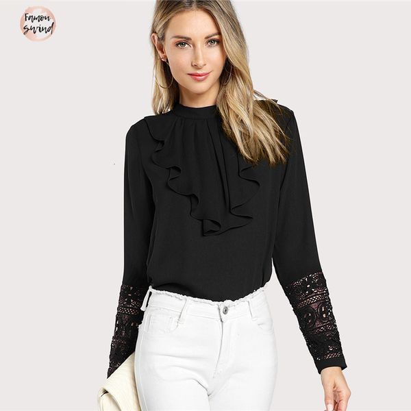 

black streetwear elegant blouse office lady minimalist neck flounce lace cuff ruffle autumn women workwear shirt top, White