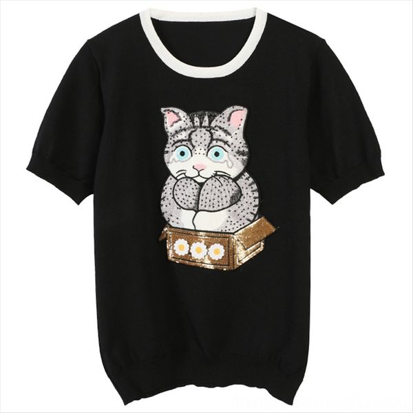 

2020 coat round collar embroidery flower beaded cat loose knitted t-shirt 2020 coat round collar embroidery flower beaded cat loose knit, White