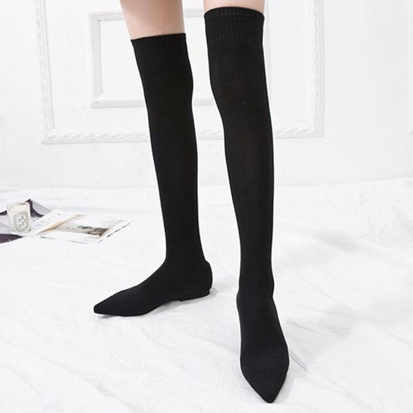 Stretch-Socken-Stiefel für Damen, schlank, elastisch, gestrickt, lange Oberschenkel-hohe Stiefel, spitze Zehen, flache schwarze Schuhe für Damen