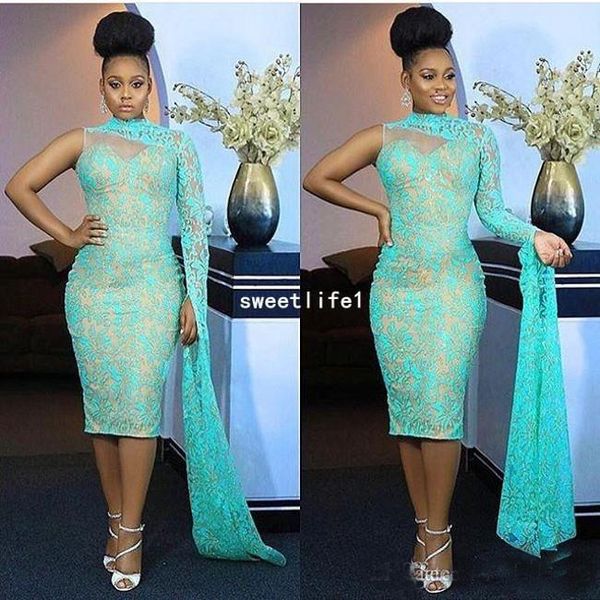 Nouveau une épaule Nigeria robes de soirée col haut dentelle thé longueur sirène robes de bal formelles Aso Ebi Style robe de soirée