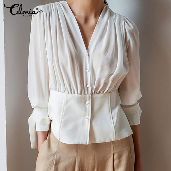 

women's blouses & shirts vintage casual lantern sleeve slim women celmia solid v-neck pleated shirt plus size chiffon elegant blus, White