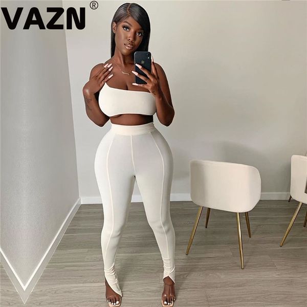 

vazn chic 2020 summer lady white solid long 2-piece set strapless one shoulder long pants set club new sets
