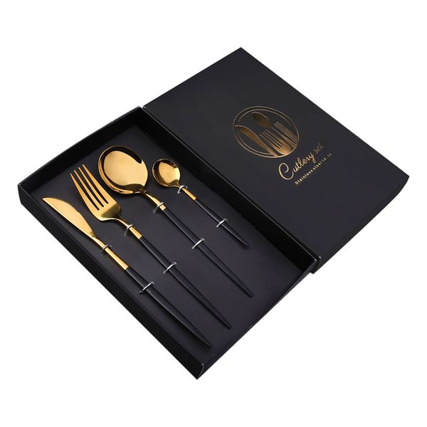 

4 pieces / set of black cutlery set stainless steel cutlery golden kitchen cutlery fork knife spoon wedding silverware set
