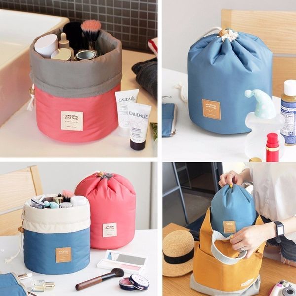 

barrel shaped travel cosmetic bag nylon high capacity drawstring elegant drum wash bags makeup organizer storage bag
