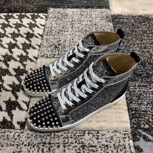 

luxury glitter leather high spikes red bottom sneakers shoes men's skateboarding shoes elegant casual walking with box, Black