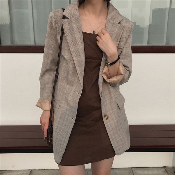 

casual single breasted women plaid blazer jacket vintage female suit coat loose office ladies workwear outerwear 2019 spring, White;black
