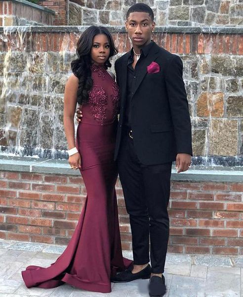 

burgundy halter backless long mermaid prom dresses beads lace appliques sleeveless formal evening party dresses, Black