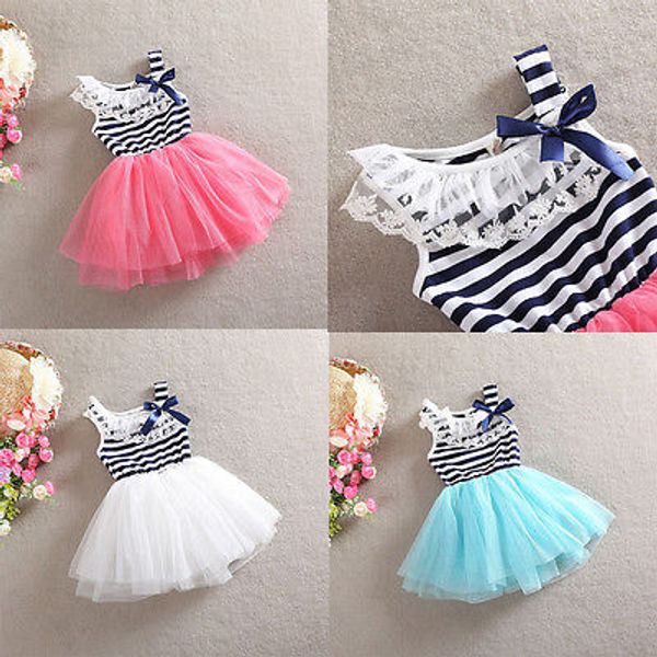 

kids girls princess stripe bow lace dress party puffy tulle dresses child's clothes 2-7y, Red;yellow