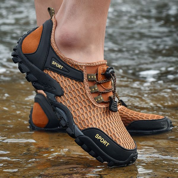 

rommedal ourdoor wading shoes men hollow out air mesh non-slip hiking male casual shoes breathable shockproof moccasin footwear, Black