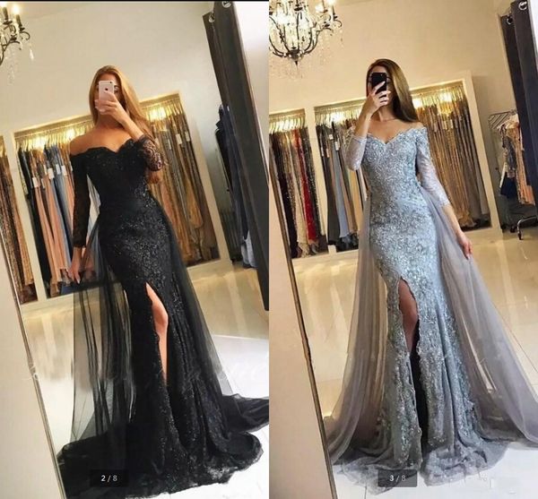 

2019 silver muslim evening dresses mermaid off the shoulder 3/4 sleeves lace beaded slit islamic dubai kaftan saudi arabic long evening gown, Black;red