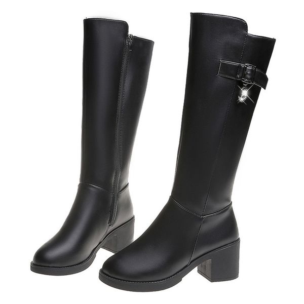 

women buckle middle tube booties winter ladies retro side zip knee bare square heel shoes female booties zapatos de mujer #d2, Black