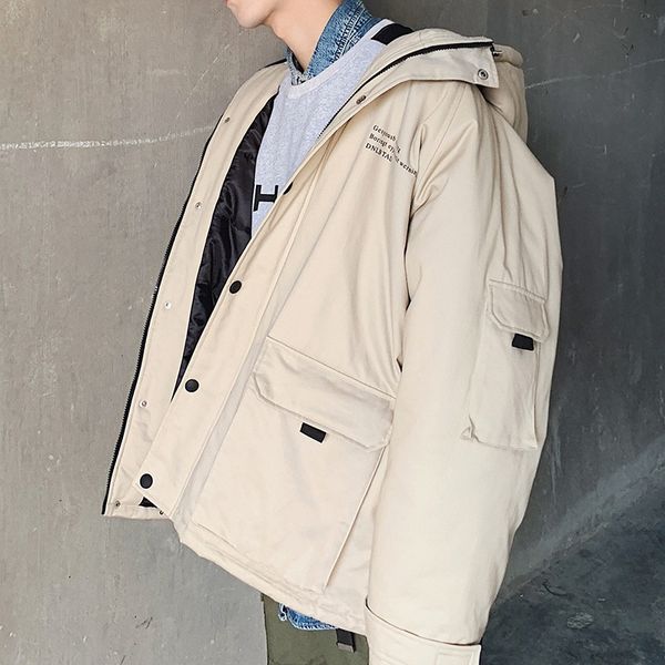 

2019 winter clothes new tooling hooded youth fashion parka thick warm cotton-padded jackets puffer parkas men winter coats, Black