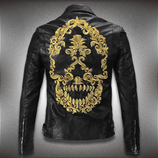 

vintage metallic printing golden skull embroid rivet 3d moto bike punk rock dark metal black gothic pu leather jacket peter pan