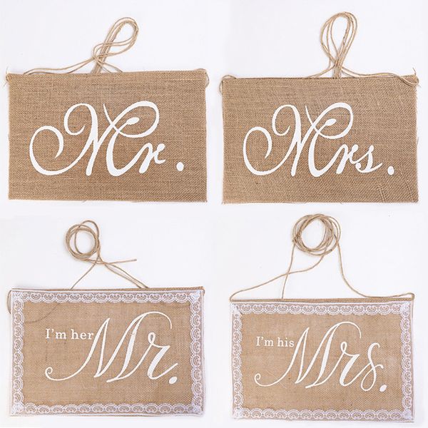 

2pcs/pack mr and mrs linen flag chair signs banner wedding decoration pennant reception sign p props burlap party decoration