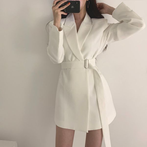 

fashion sashes white women blazer v-neck slim long women jacket coat 2020autumn full sleeve female blazers outwear elegant, White;black