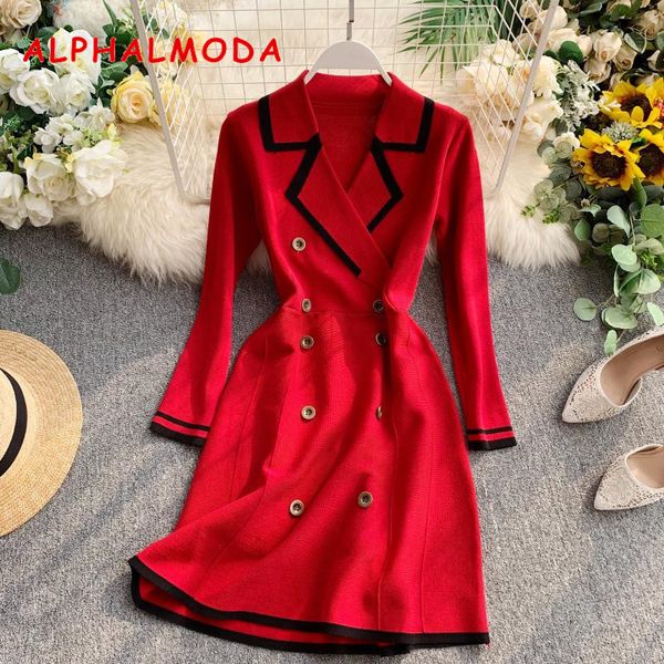 

alphalmoda retro autumn dress 2019 new lapel collar long-sleeved dress double-row button-down slim ol casual knit dress, Black;gray