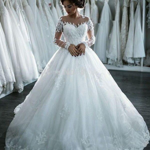 

2019 ball gown wedding dresses long sleeve sheer jewel neckline crystal beading lace and tulle india bridal wear, White