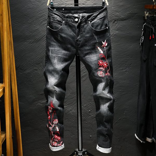 

jeans men full length zipper black bird flower embroidery slim vintage casual denim pencil pants fashion cowboy male, Blue
