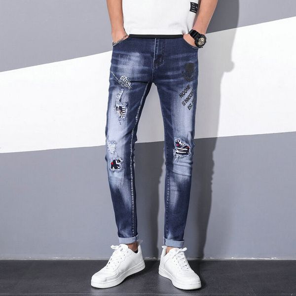 

tide brand summer ripped jeans male patch elastic feet personality trend printing fashion beggar pants tide designer jeans, Blue