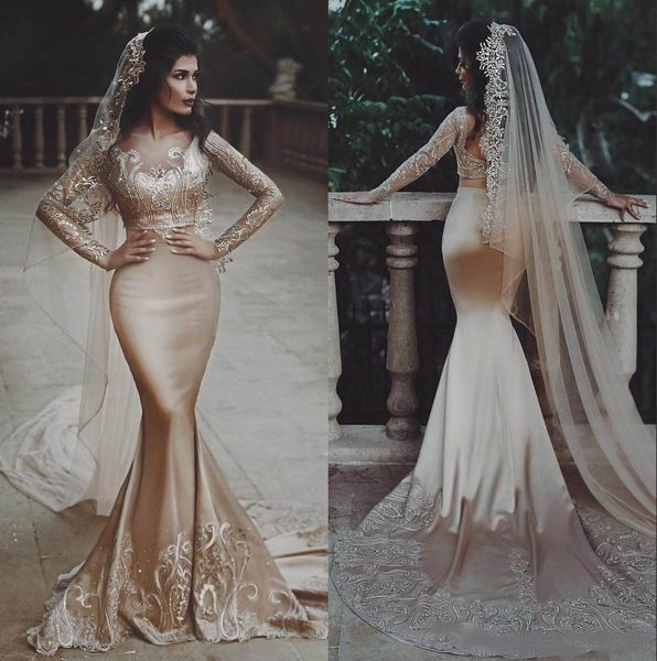 

champagne two pieces mermaid wedding dresses beaded scoop neck appliqued beach bridal gowns long sleeves plus size satin vestido de novia, White