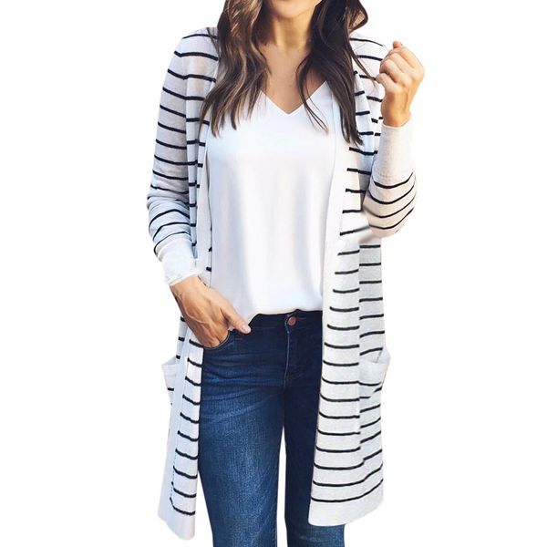 

2018 autumn cardigan women long sleeve striped sweaters female sweater pocket, White