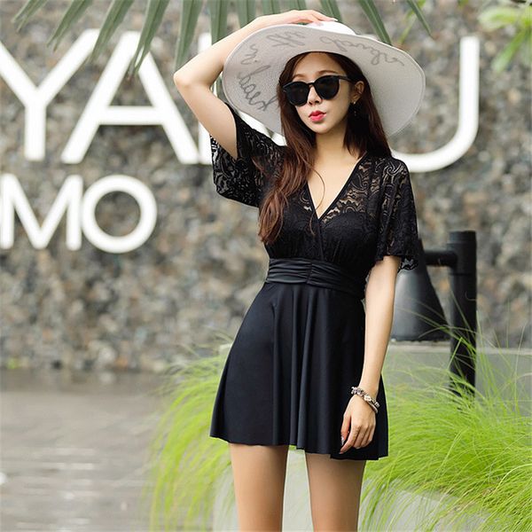 

women' black conjoined deep v-neck halter swimsuit lace swimsuit beachwear summer high waist slim one-piece beach skirt, Blue;gray