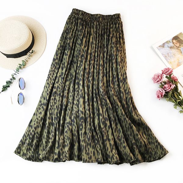 

midi long leopard print pleated skirts women 2019 autumn winter korean elegant high waist a-line fashion skirt female, Black