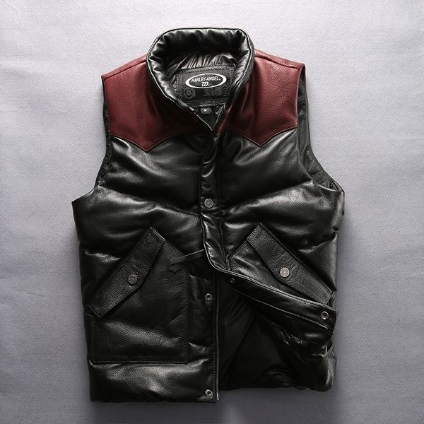 

2020 fashion winter genuine leather vest men thick cowskin leather down vest patchwork color leather coat male, Black