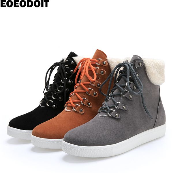 

eoeodoit winter add cotton boot women suede leather flats shoes mid calf warm snow bootie large size anti skid flat heel sneaker, Black
