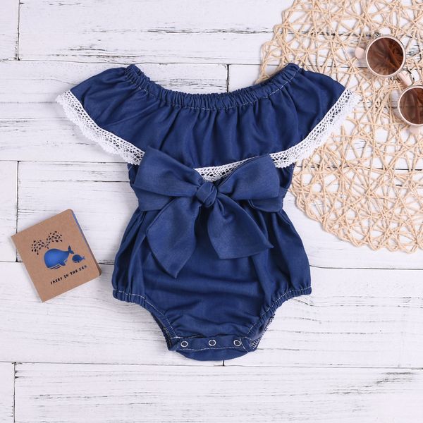 

toddler infant baby girl sleeveless ruffles lace denim romper baby girl clothes christmas bodysuit clothes, White