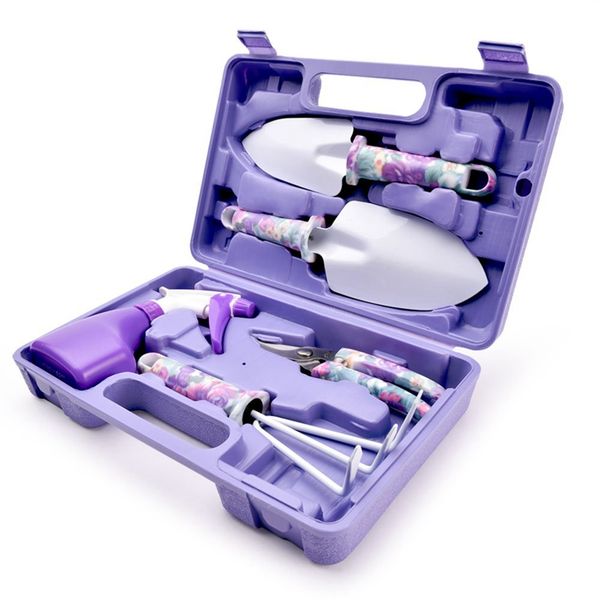 

garden hand tools with carrying case, pruning shear rake shovels spray bottle purple floral print gardening tools gifts for wome