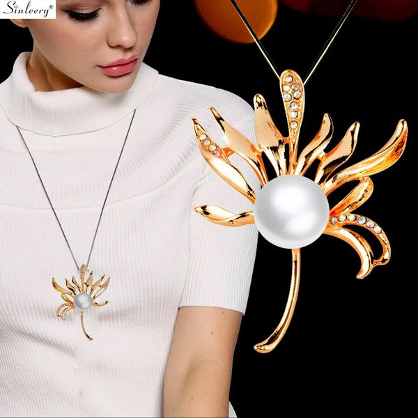 

sinleery unique flower long necklace yellow gold color colorful clear crystal white pearl necklace for women jewelry my406 ssd, Silver